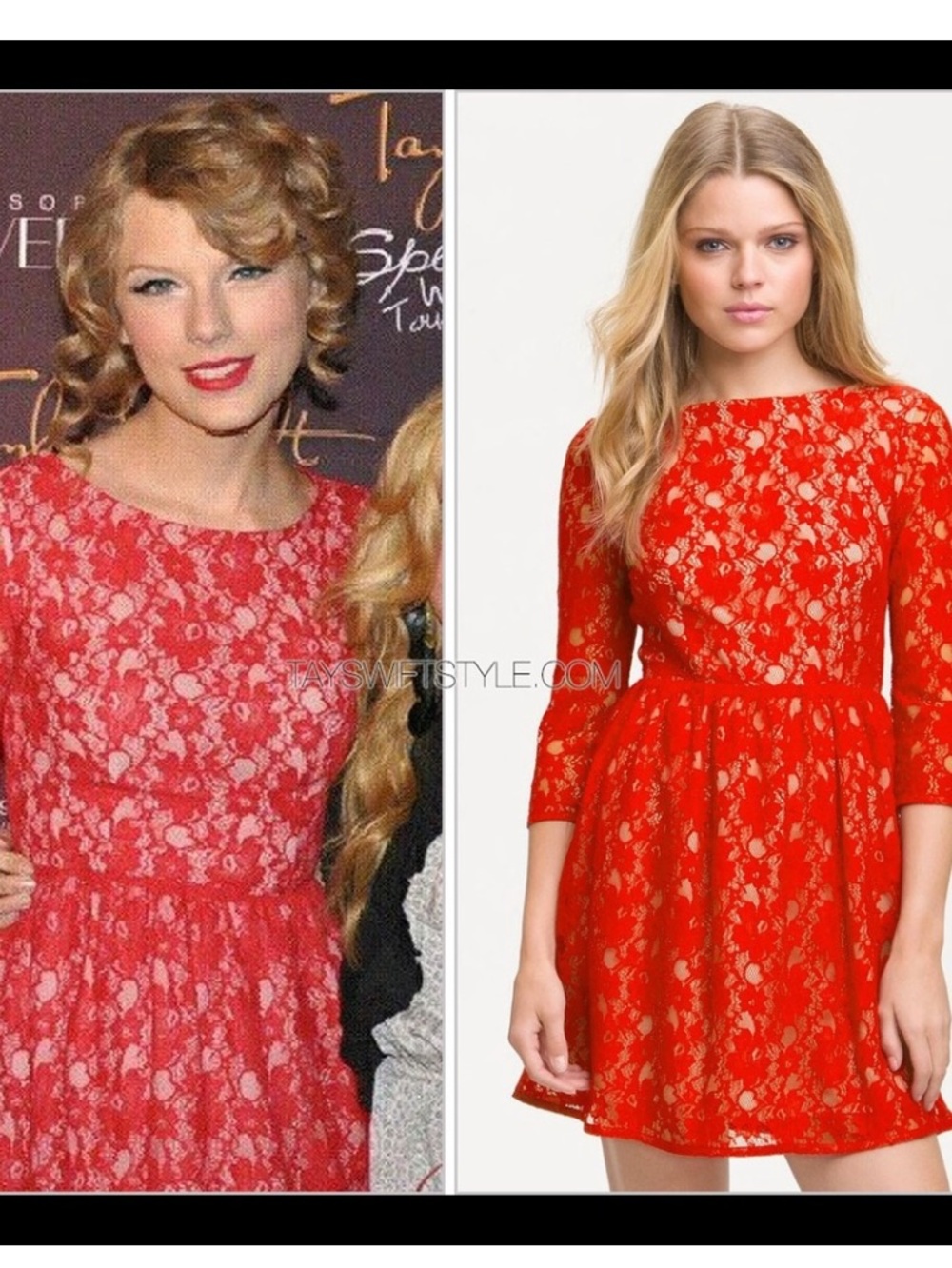 French Connection Red Lace Long-Sleeve Fit & Flare Lizzie Dress - Taylor Swif